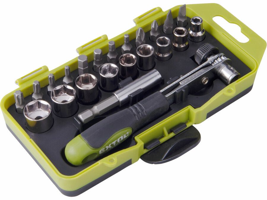 Extol racsnis BIT és dugókulcs készlet  23db-os, CrV., irányváltós, mágneses, műanyag dobozban termék fő termékképe