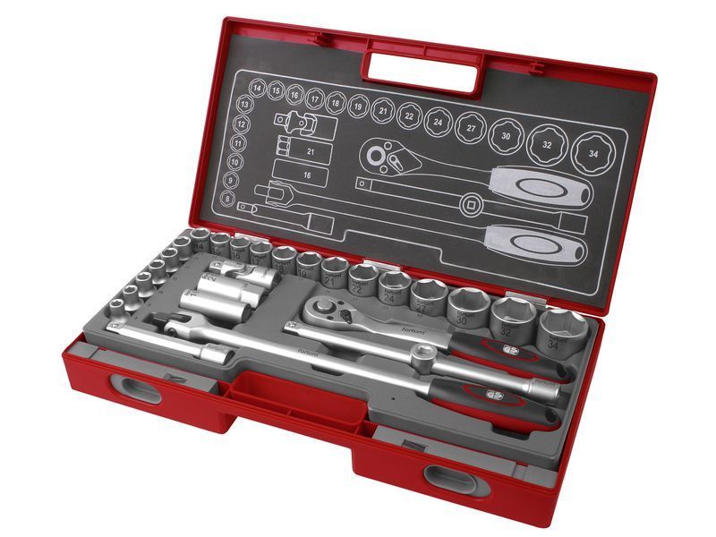 FORTUM dugókulcs készlet 1/2", 27db, 61CrV5 mattkróm; termék fő termékképe