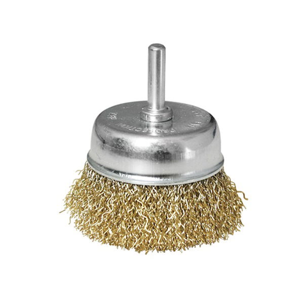EXTOL Drótcsiszoló fazékkefe, csapos; 63mm, O 6mm-es csap, fúróba fogható, hullámos szálú, rezezett acél, max 4500 ford/perc termék fő termékképe