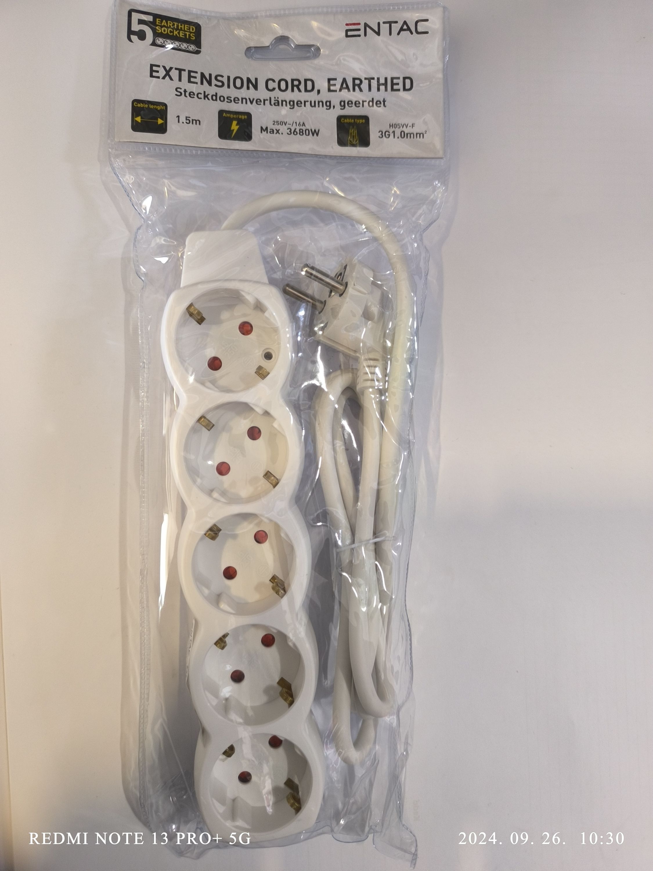 ENTAC elosztó 5 foglalat 1.5m  3G1.0mm2 termék fő termékképe