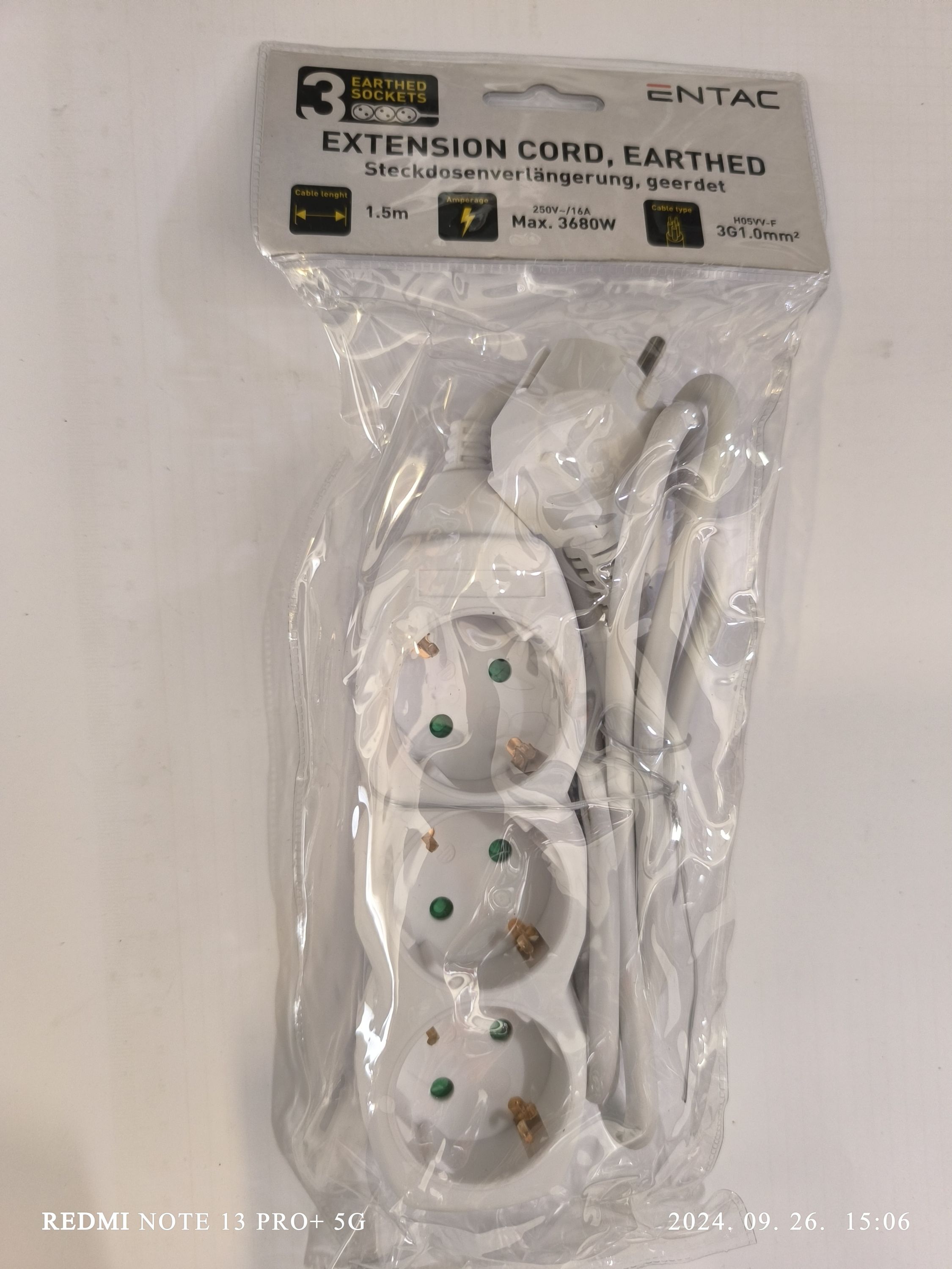 ENTAC elosztó 3 foglalat 1,5m 3G1.0mm2 termék fő termékképe