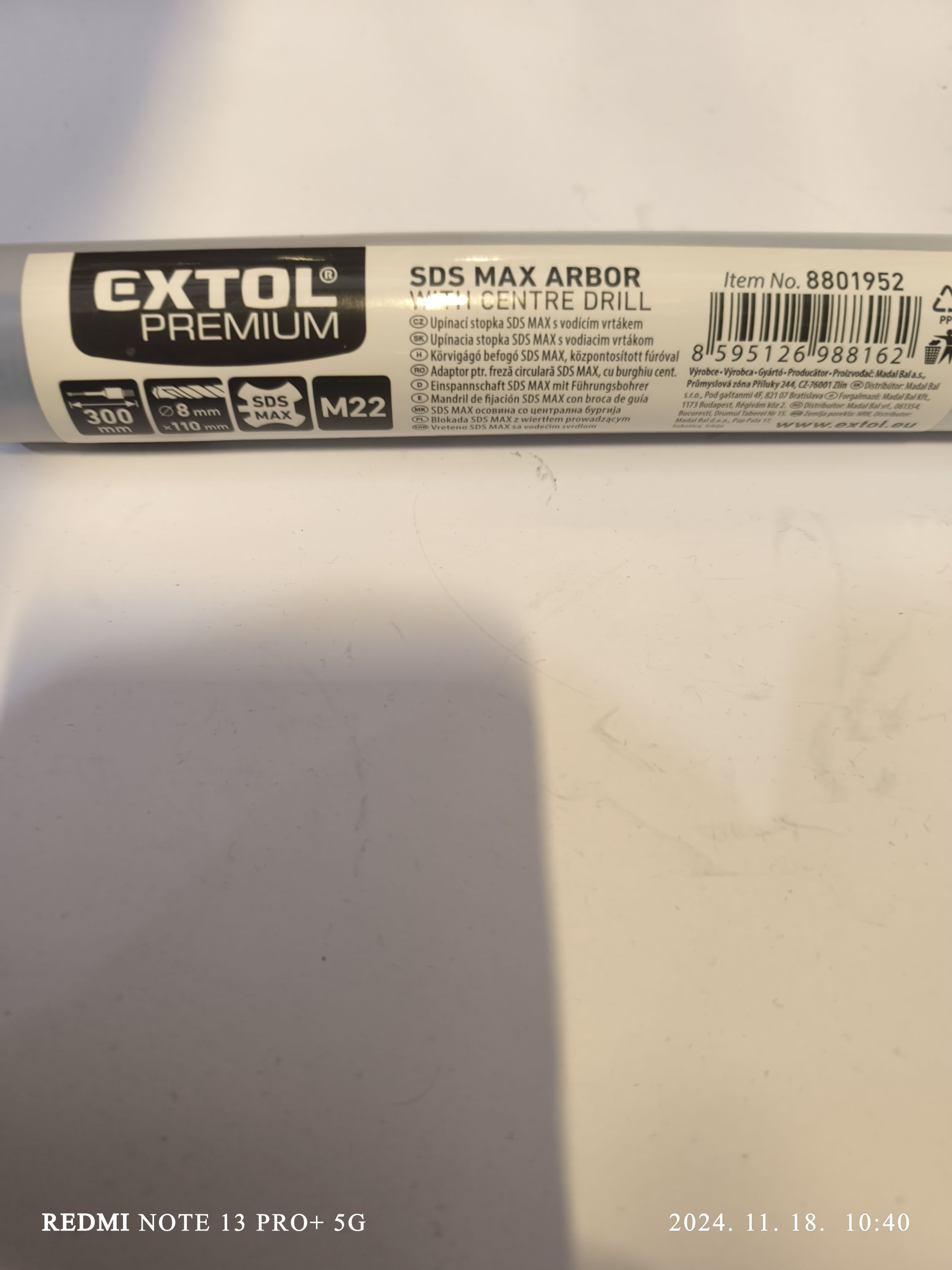 EXTOL PREMIUM Hosszabbító szár központfúróval, M22X300mm termék fő termékképe