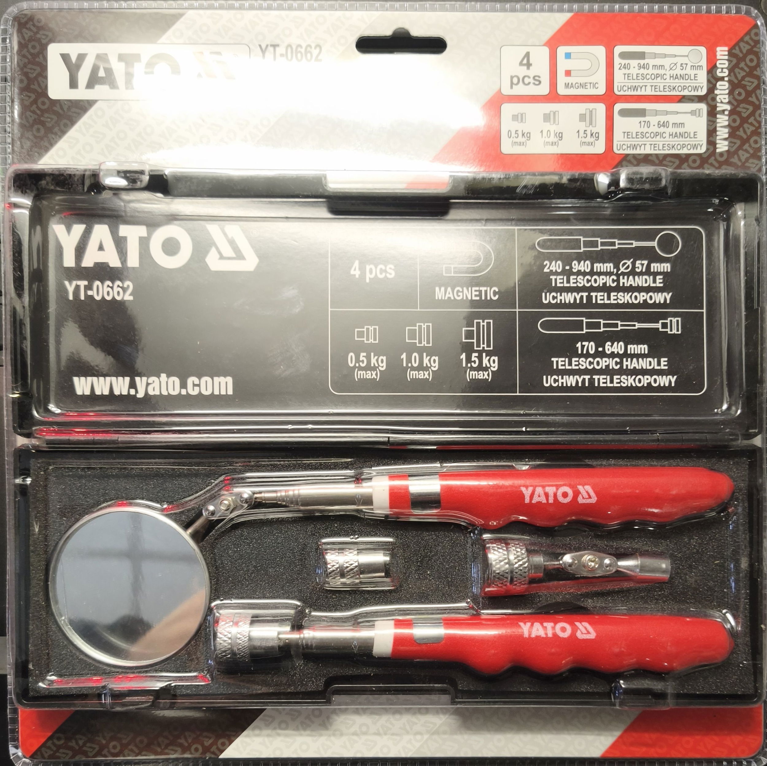 YATO Vizsgáló tükör készlet 4 részes teleszkópos (tükör+mágneses felszedő) termék fő termékképe