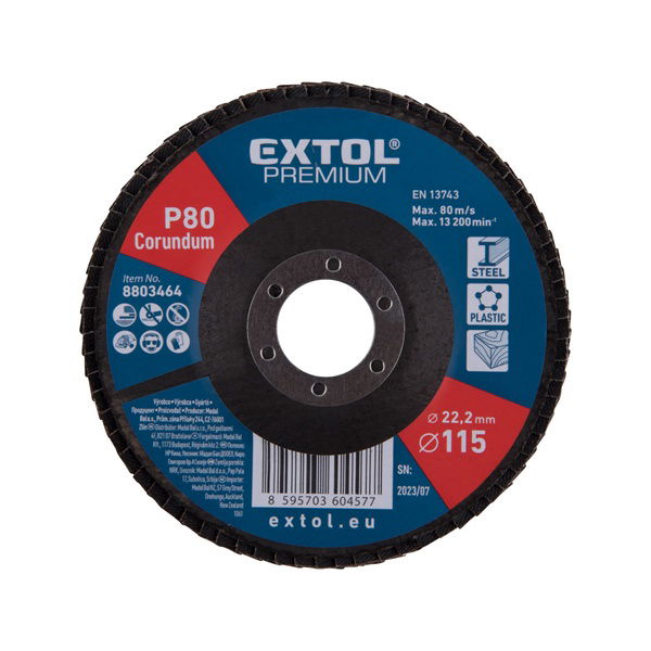 EXTOL Lamellás csiszoló acél, Alu, műa. és fa munkadarabok csiszolására, 115×22mm; P40, kúpos, max.:13.200 ford./perc, EN13743 termék fő termékképe