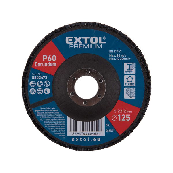 EXTOL Lamellás csiszoló acél, Alu, műa. és fa munkadarabok csiszolására, 125×22mm; P60, kúpos, max.:12.300 ford./perc, EN13743 termék fő termékképe